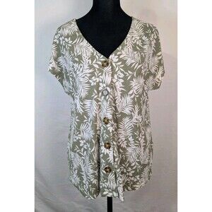 FLT Studio Small Green Cream Tropical Palm Leaf V-Neck Button High-Low Top